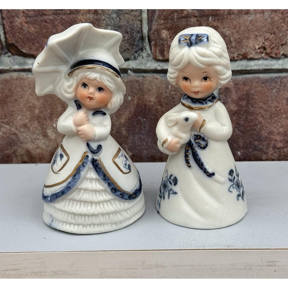 Vintage Jasco Bells Girls Women‎ Set of 2  White Blue Porcelain Royal Majestic